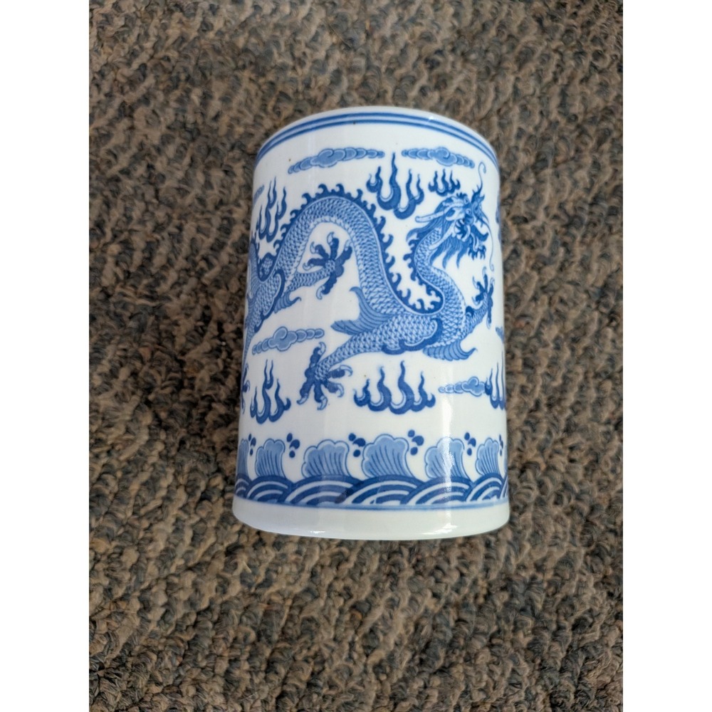 Vintage Chinese Blue and White Porcelain Dragon Brush Pot Vase Qianlong Mark